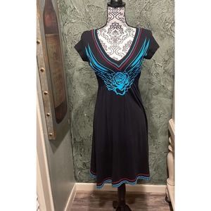 ROCK & ROLL COWGIRL S Blue Teal Black Empire Stretch Waist Dress Texas size med